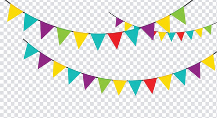 Obraz premium Colorful triangular pennant flags in blue, purple, green, yellow, and red hang on strings against a transparent background, conveying festivity.