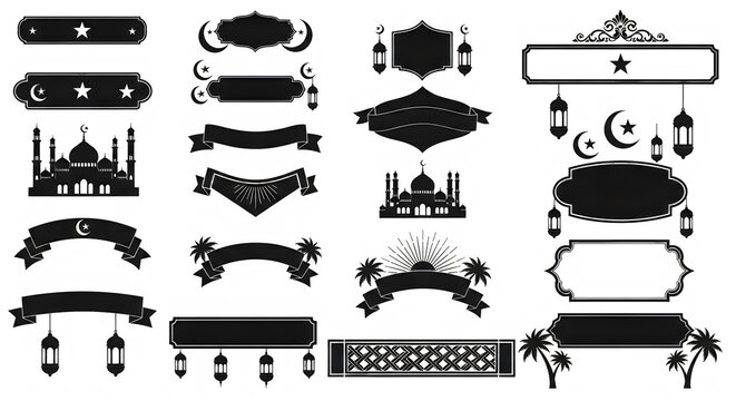 Black and white islamic ramadan kareem decorative elements and mosque icons isolated on transparent background