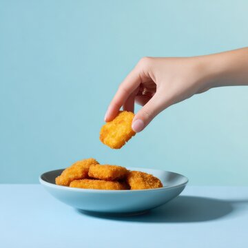 Close-up of hand picking chicken nugget from plate against blue background