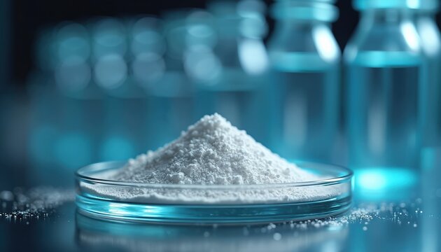 White powder in petri dish with vials in background. Science lab research substance, chemistry analysis, medical experiment. Purity test, drug synthesis.