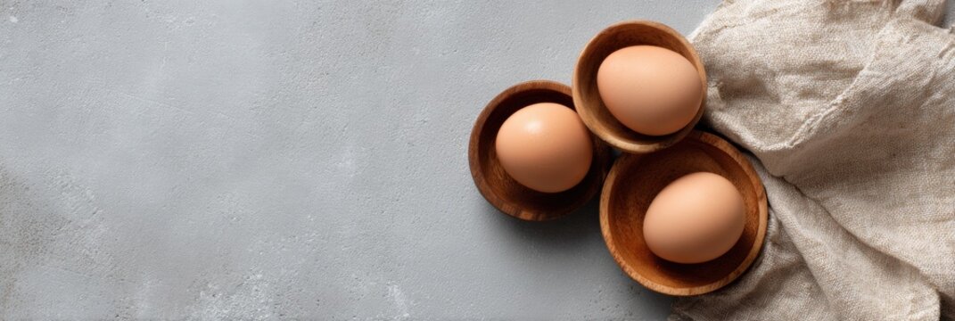 Three brown eggs in wooden bowls on gray background with linen cloth