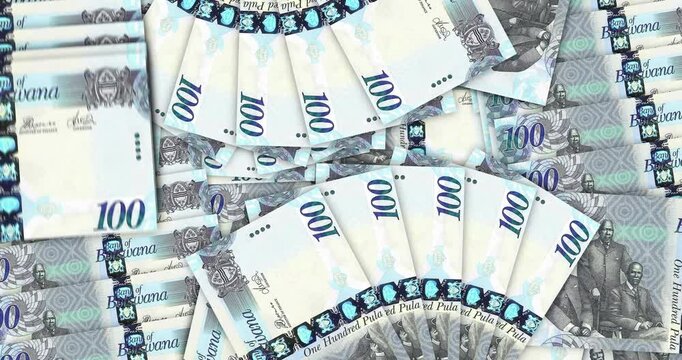 Botswana pula Botswanan money banknotes in a cash fan mosaic pattern loop. 100 BWP notes. Abstract concept of bank, finance, economy seamless and looped design background.