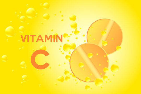 Vitamin C 3D effervescent tablets, glowing gradient background, fluid yellow flowing bubble fizz, orange, lemon flavor health supplement, beauty product banner, presentation, infographic design
