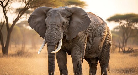 Fototapeta premium Large African bush elephant stands prominently in sunlit savanna grassland during golden hour