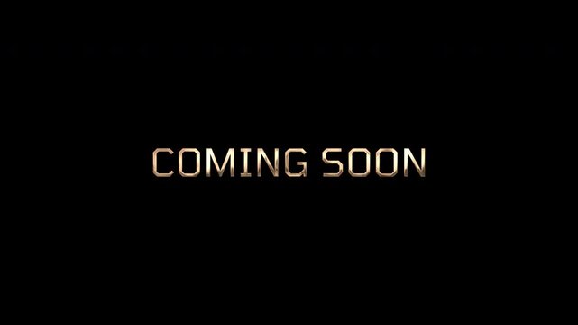 Glitch coming soon text in gold color on black background, alpha channel, 4K motion graphics