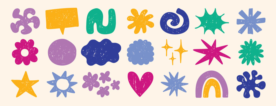Funky cute shapes and figures crayon texture set. Brutal contemporary colorful retro star figures, flower, sun. Hand drawn primitive geometric elements.