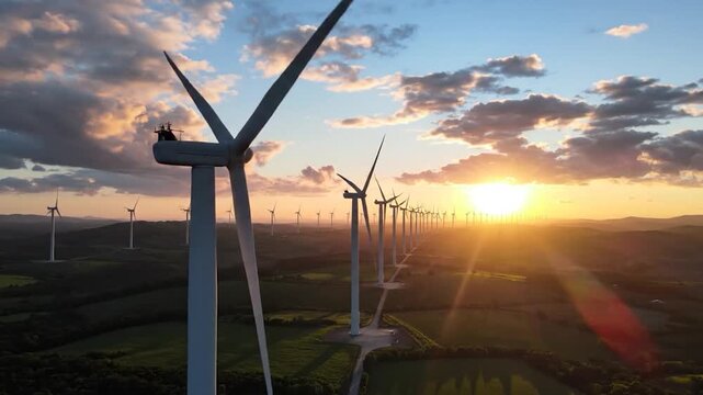 A long row of wind turbines generating renewable energy at sunset.