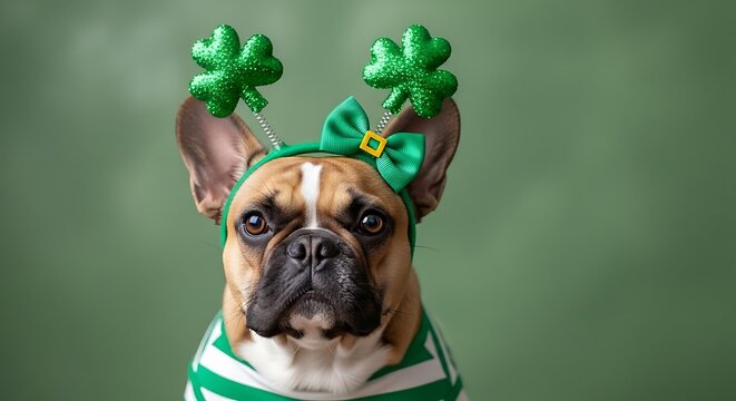 French bulldog wearing green St Patricks Day costume and accessories  festive dog