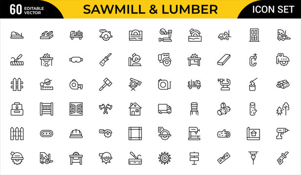 Sawmill and Lumber Industry Line Icon Set. Woodcutting, Timber Processing and Forestry Outline Icons, Editable Stroke, Pixel Perfect Vector