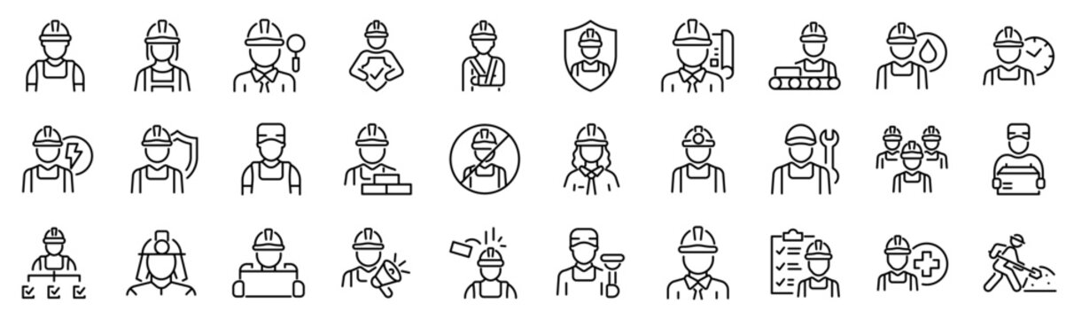 Set of 30 outline icons related to worker. Linear icon collection. Editable stroke. Vector illustration