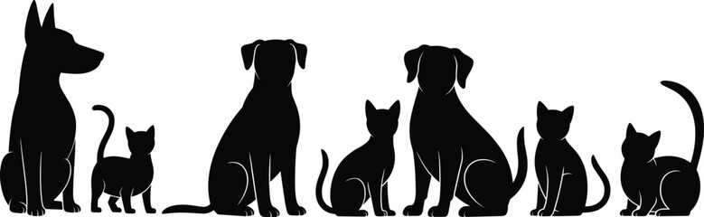 Black Silhouettes of Dogs and Cats in Various Poses on White Background Keywords: dog, cat, pet, animal, canine, feline © MstRajina