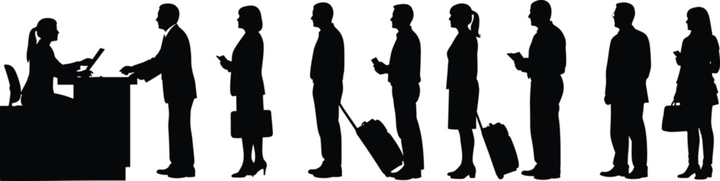 Business people silhouettes standing in long queue line at airport check in counter desk waiting with luggage suitcases and bags for traveling