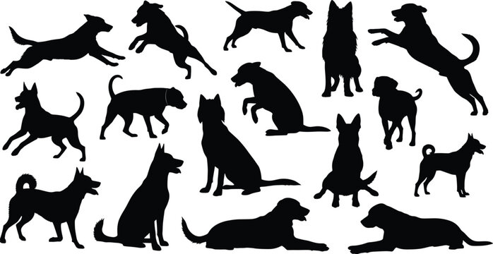 Collection of black dog silhouettes in different positions including walking sitting and stretching isolated on transparent background for design