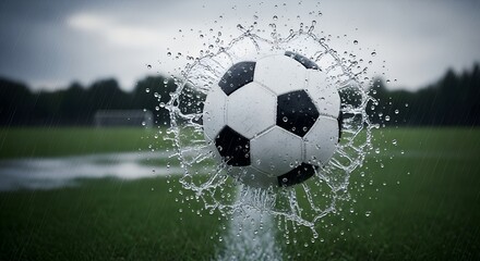 Naklejka premium Soccer ball splashing in water on a green field