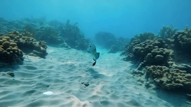 Graceful underwater journey blue tang fish swims through coral reef ecosystem scenery calm waters and sandy seabed