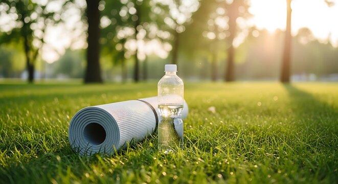 Yoga mat and water bottle on grass in park at sunrise