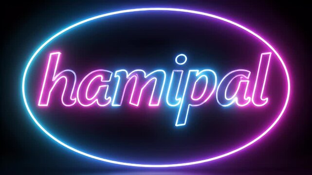 Abstract neon oval frame with glowing text inside, futuristic glowing effect on black background