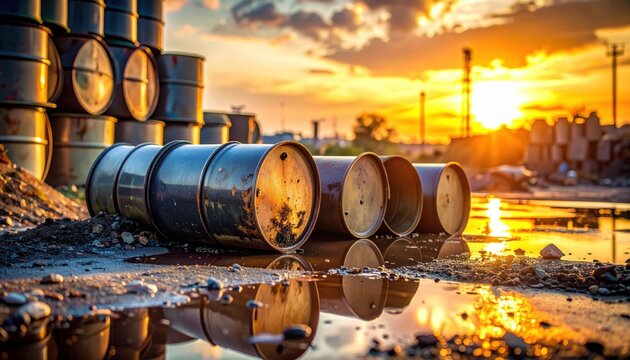 A FlyPro_Firefly photorealistic collection of dented metal drums piled precariously, some leaking viscous fluid onto a gravel surface, under a fiery sunset.