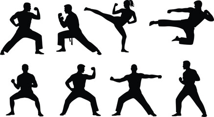 Martial arts silhouettes collection with athletes performing punches, kicks, stances, and defensive poses in karate uniform vector illustration design © Arif Creatives