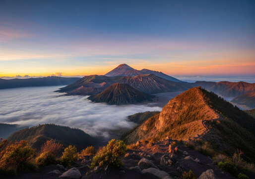 Golden sunrise over Mount Bromo Batok and Semeru volcanoes with a vast sea of clouds in Indonesia.