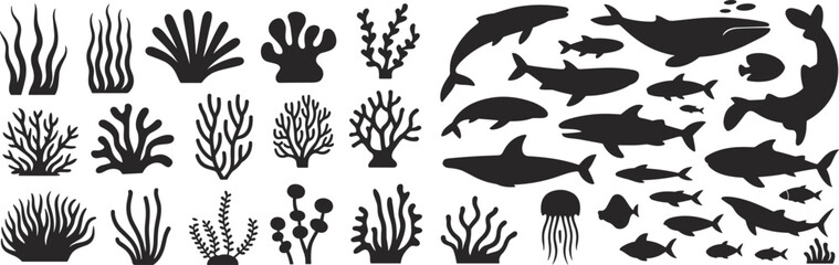 Black silhouettes of underwater plants and marine animals on a white background Keywords: underwater, plants, marine, animals © MstRajina