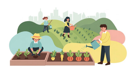 Obraz premium People Gardening Together in Community Garden.