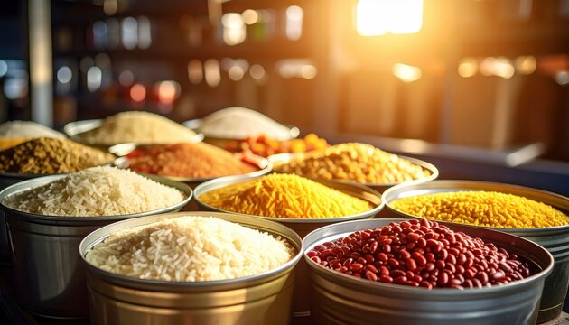 FlyPro Firefly's photorealistic DSLR style capture of a diverse collection of non-perishable food items, featuring various rice, beans, and grains under utilitarian light.