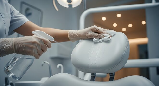 Dental Assistant Disinfecting Chair in Clinic.