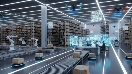 Obraz premium Automated warehouse with robotic arms and conveyor belt moving boxes efficiently in a futuristic facility with high shelves and digital screens