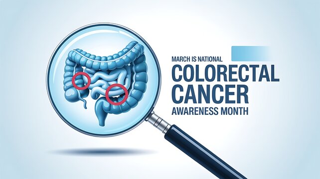 Colorectal cancer awareness month symbol of human intestines magnified under lens showing tumor locations for early detection and diagnosis health concept backdrop
