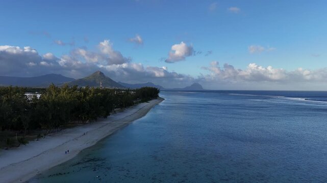 4K Aerial Pan Along Flic en Flac Coastline, Mauritius &ndash; Turquoise Water and Island Mountains