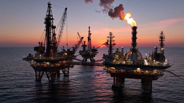 Offshore oil platforms illuminate the sea with burning flare at sunset