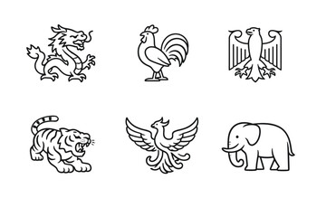 Fototapeta premium Minimal black line art icons of mythical and wildlife animals including dragon, rooster, eagle, tiger, phoenix, and elephant on white background