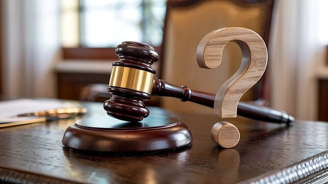Gavel and large wooden question mark on desk in courtroom suggesting legal uncertainty justice inquiry and judicial deliberation and court proceedings