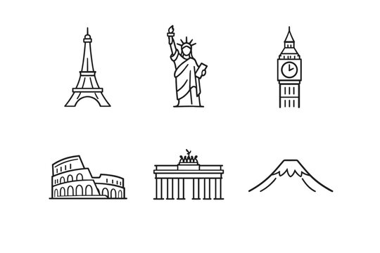Minimal line art icons of famous world landmarks including tower, statue, clocktower, amphitheater, historic gate, and mountain silhouette