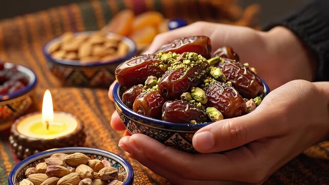 Close-up of hands holding a decorative bowl filled with dates and pistachios, surrounded by nuts