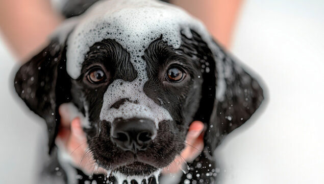A cute black Labrador puppy enjoys a bubbly bath, its face covered in soapy foam