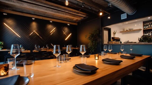 Modern restaurant interior with long table and dim lighting