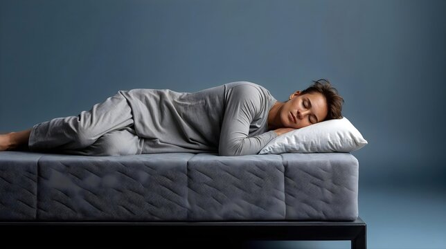 Femme dormant paisiblement sur un matelas gris dans une chambre