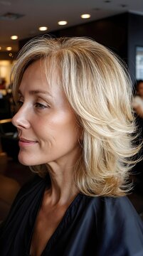 Femme blonde souriante de profil dans un salon de coiffure moderne