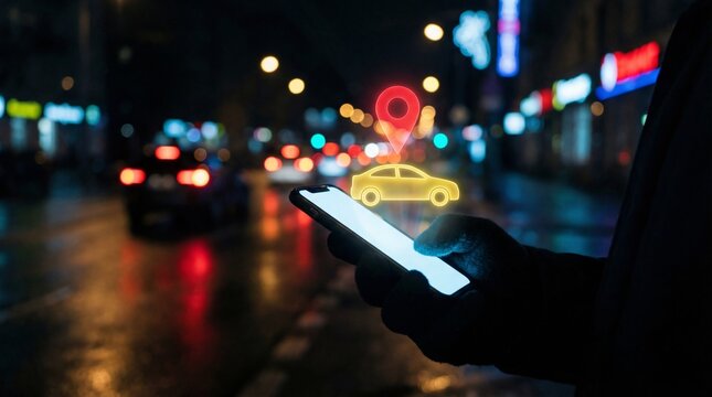 Silhouetted hand holds a smartphone displaying a glowing car icon and map pin above a busy, blurred city street at night.