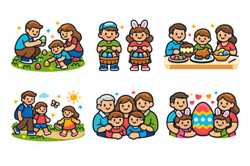 Fototapeta premium Cute cartoon family celebrating Easter with egg hunt, bunny ears, spring picnic, grandparents and children sharing food, love and togetherness