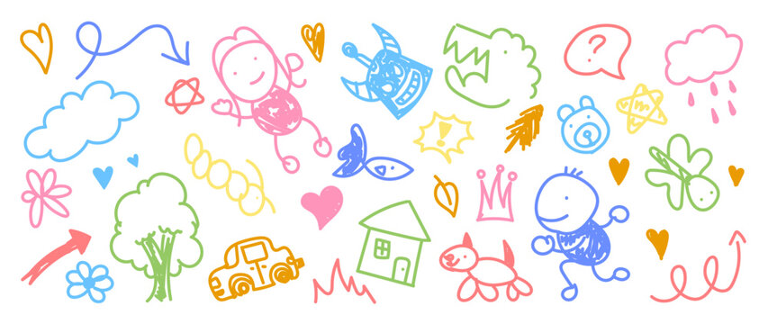 Kids doodles vector illustration with colorful crayon sketches, hearts, clouds, animals, house, car, arrows, stars. Playful hand drawn design for education posters, stickers, backgrounds.