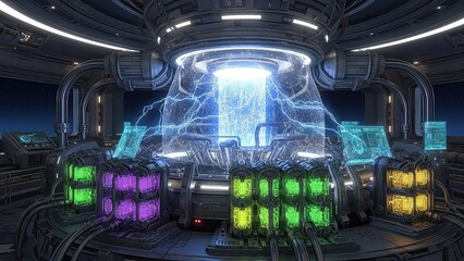Obraz premium Futuristic sci fi laboratory with glowing energy core and colorful control panels in a high tech facility