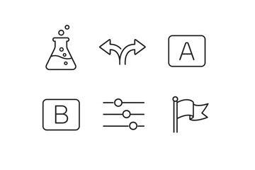 Minimal line icon set showing laboratory flask, branching direction arrows, letter buttons A and B, adjustment sliders, and a waving flag symbol © Alex