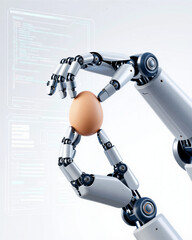 Robotic Hand Delicately Cradling a Fragile Egg Against a Futuristic Digital Interface Background, Symbolizing Precision and Automation