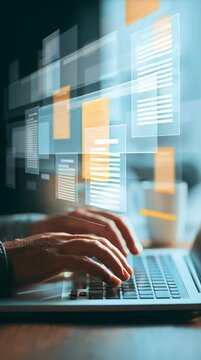 Typing on Laptop with Floating Document Panels for Digital Management
