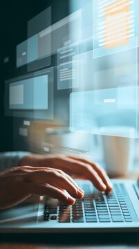 Typing on Laptop with Floating Document Panels for Digital Management
