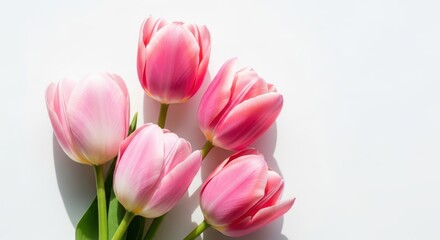 Fototapeta premium Pink tulip flowers on white background with soft natural light and shadow, elegant spring floral composition