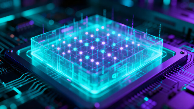 Quantum computing technology system processor executing advanced algorithms through subatomic particles inside luminous holographic qubit matrix, demonstrating future supercomputing speed, secure encr